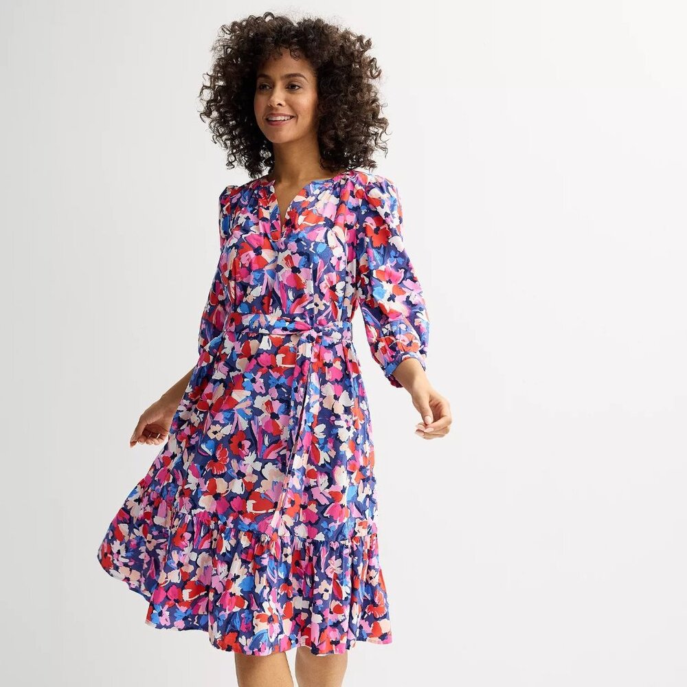 Sonoma Womens Size Large Floral Print Tie-Waist Midi Dress in Blue/Pink‎ $40